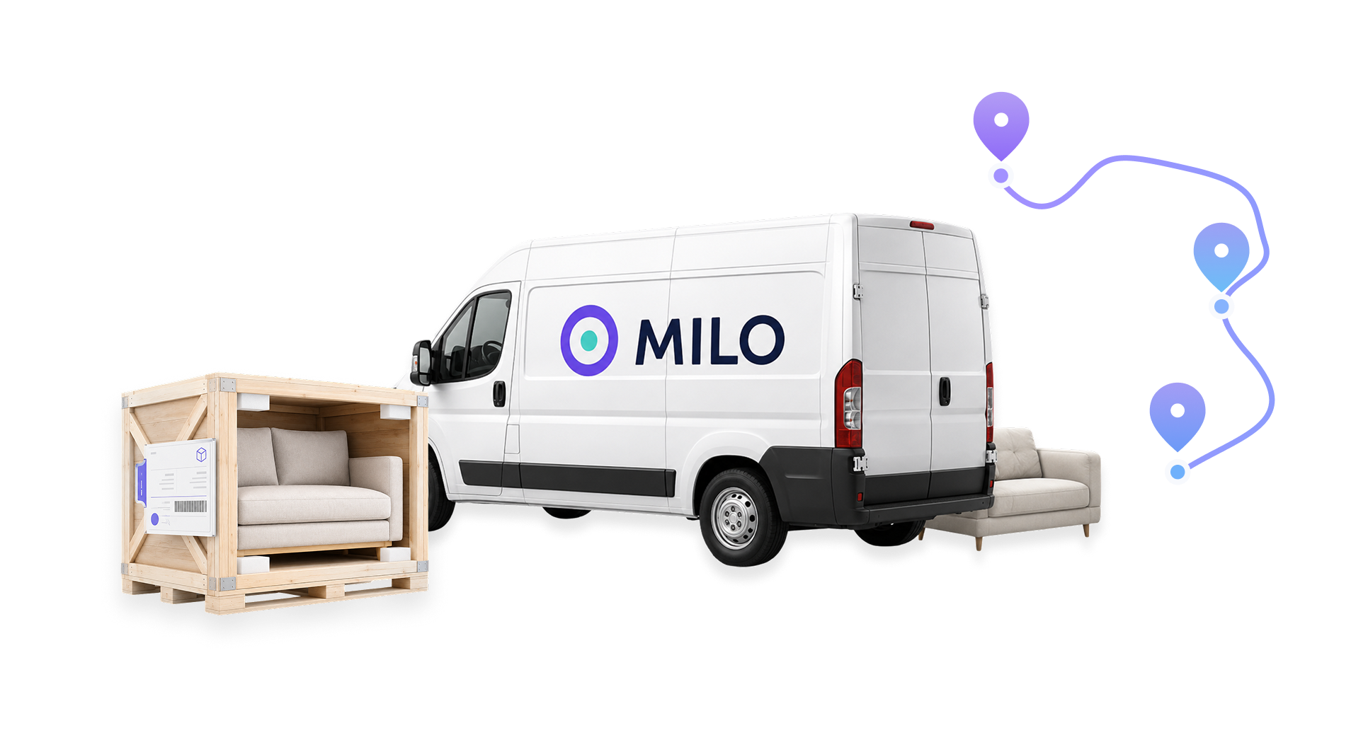 Mapa trasy, van Milo i ładunek meblowy