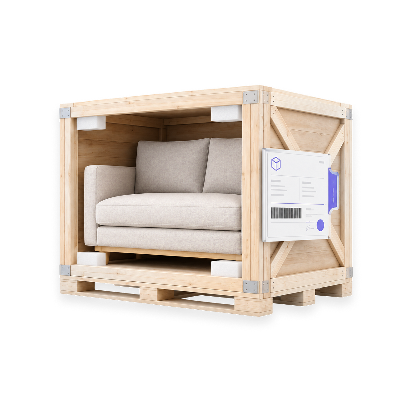 Sofa w drewnianej skrzyni z etykietą przesyłki