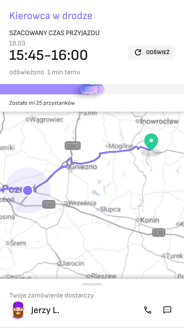 Widok mobilny z informacją o kierowcy w drodze