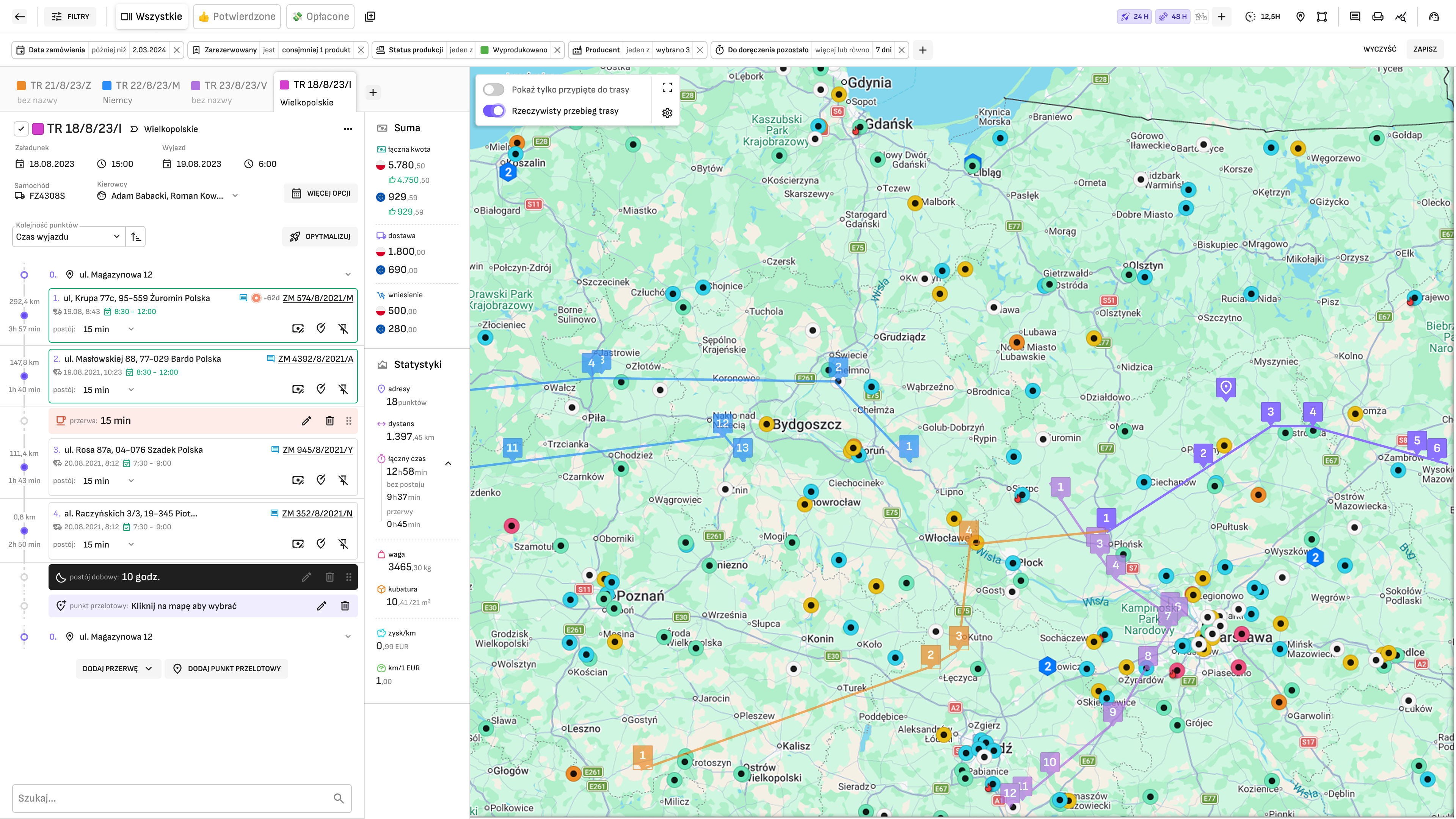 Ekran Milo z mapą tras, punktami dostaw i panelem planowania